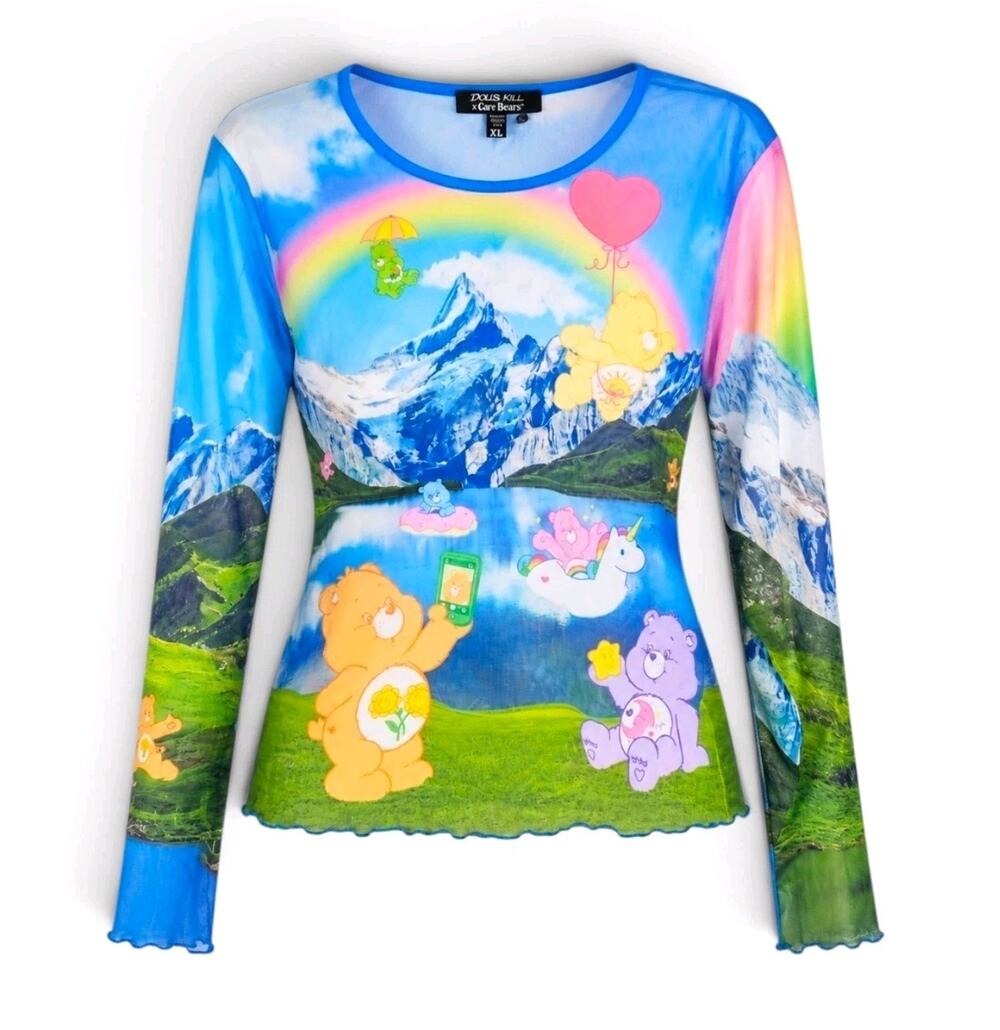 Dolls Kill x Care Bears XL Sheer Mesh Long Sleeve Top Rainbow Y2K Kidcore